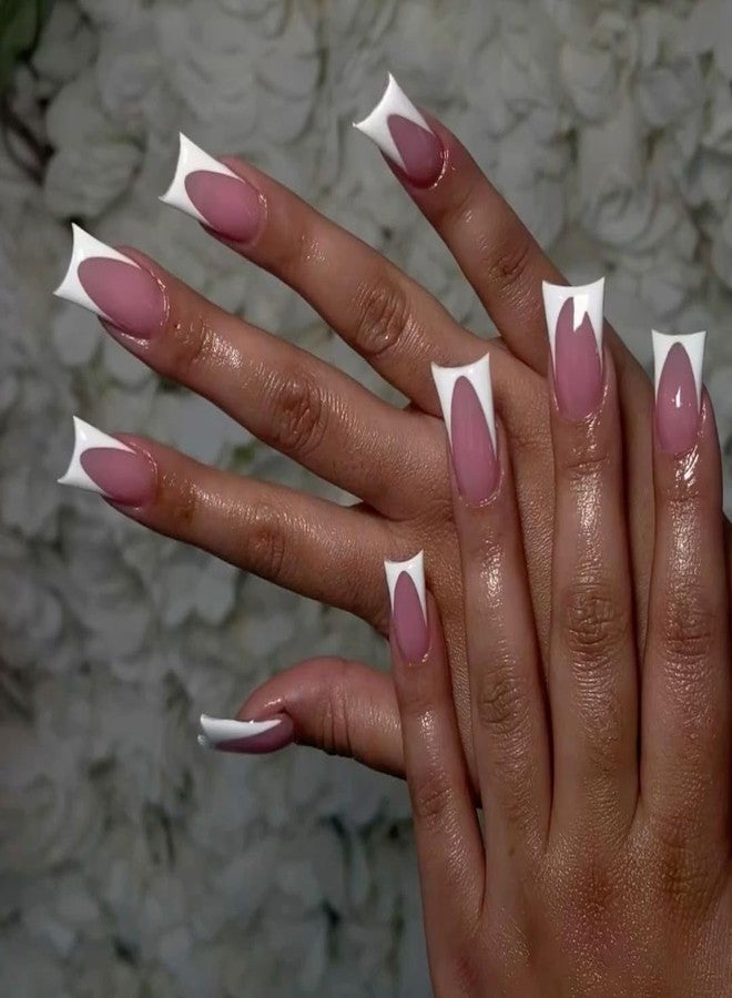 KQueenest White French Tip Press on Nails Medium Long - Duck Press on Nails for Women, Soft Gel Fake Nails Press ons, Natural Reusable Light Pink French Tip Glue on Nails for Women Wedding, 30 Pcs - Image 1